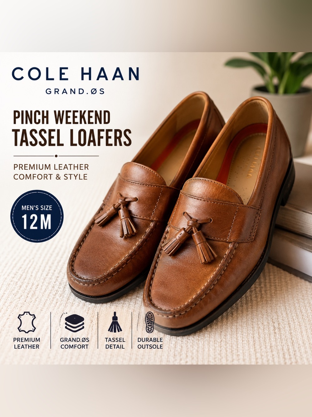 Cole Haan Pinch Weekend Tassel Loafers Men’s 12M Brown Leather Grand.ØS Dress